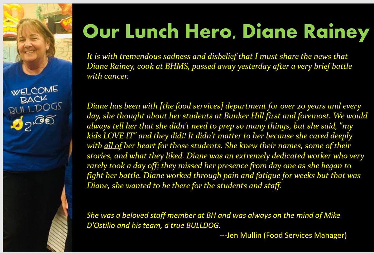 Remembering our beloved Bulldog cook, Diane Rainey.  What an amazing person and such an incredible loss.  Her void can never be filled.  Our thoughts are with her family and the Bulldog community <a href="/EricMHibbs/">Eric Hibbs</a> #Bulldogs4Life #WeAreTwp #LunchHeroAppreciation