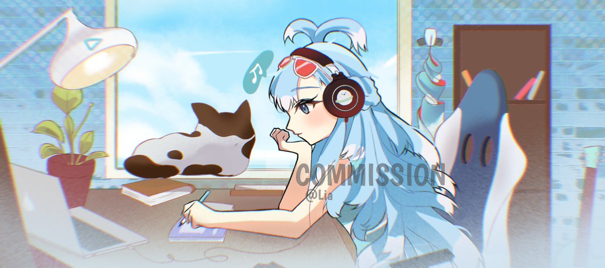 1girl blue hair headphones long hair blue eyes plant cat  illustration images