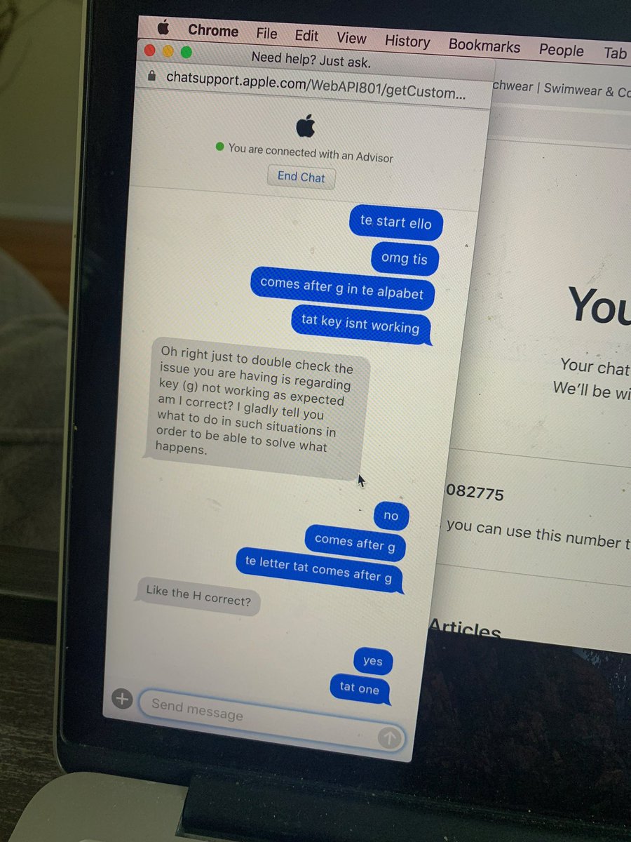 Fox_onDaProwl's tweet photo. Crying laughing over my sister’s conversation with apple support over her missing “h” key 😂😂😂 https://t.co/Sj0JrQT7Fk