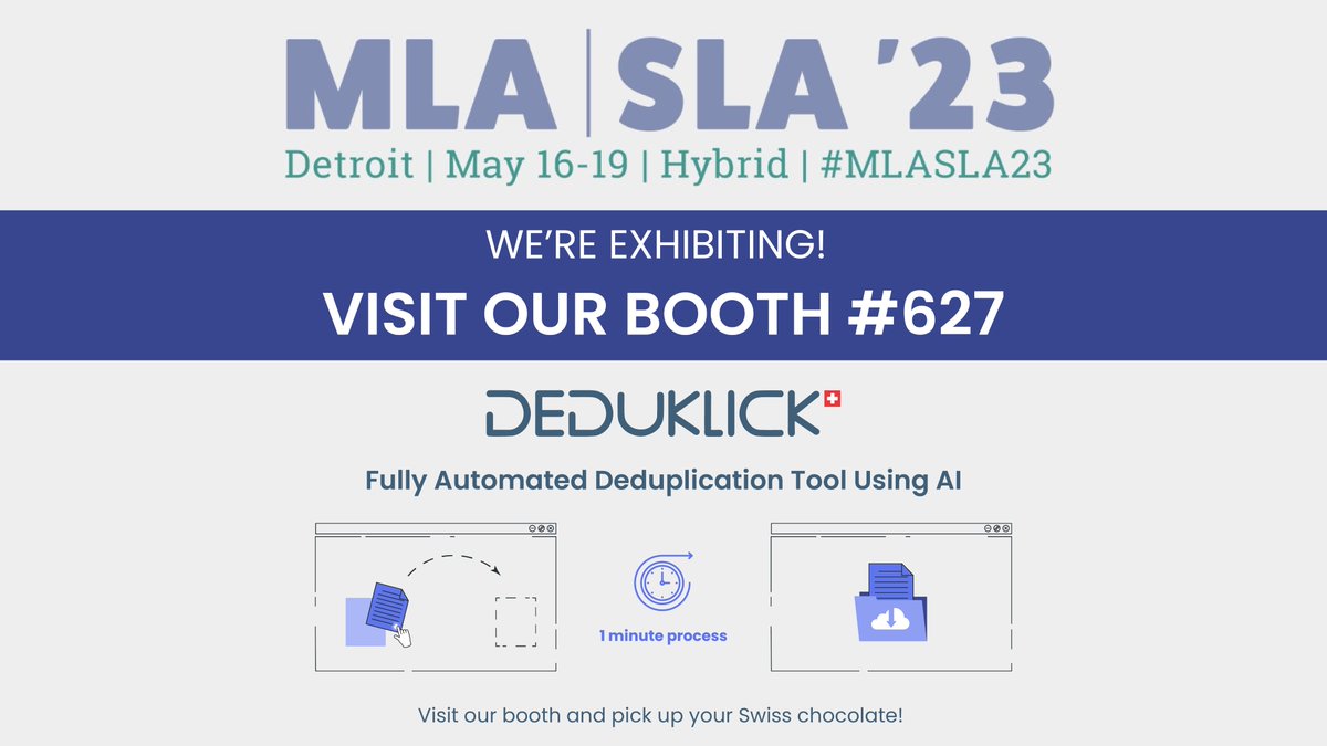 Will you attend #MLASLA23? Come and visit us at booth 627 to see how our AI tool can #deduplicate your #bibliographic records with high precision in minutes.