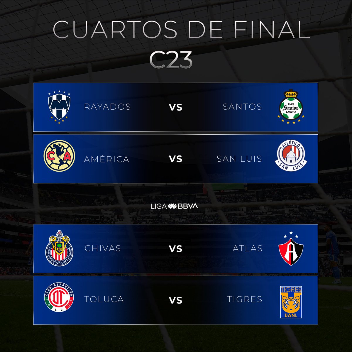 SinTacticaFija's tweet photo. Definidos los encuentros de los #CuartosDeFinal de la #LigaMX los horarios están por definirse.
#LigaBBVAMX #Rayados #América #Chivas #Toluca #SantosLaguna #SanLuisPotosí #Atlas #Tigres 

Referencia: @LigaBBVAMX 

@Alberttc10 @javier_cdg85 @ing_geras80 @UltranzaTv https://t.co/7ZgwvVzsrN