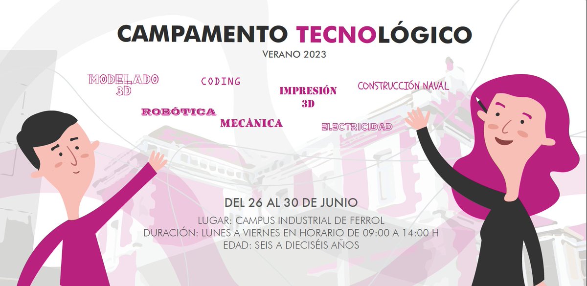 Campamento tecnolóxico con obradoiros de: robótica, impresión 3D, programación, experimentos de construcción naval, electricidad y mecánica.
👨‍👦👩‍👦 Dirixido a rapazada entre 6 e 16 anos
Inscríbete antes do 1/6/23👇
bit.ly/42ifh3a
<a href="/CIFerrol/">Campus Industrial</a> <a href="/UDC_gal/">Universidade da Coruña</a> <a href="/sape_Udc/">SAPE UDC</a> <a href="/NosDiario/">Nós Diario</a>