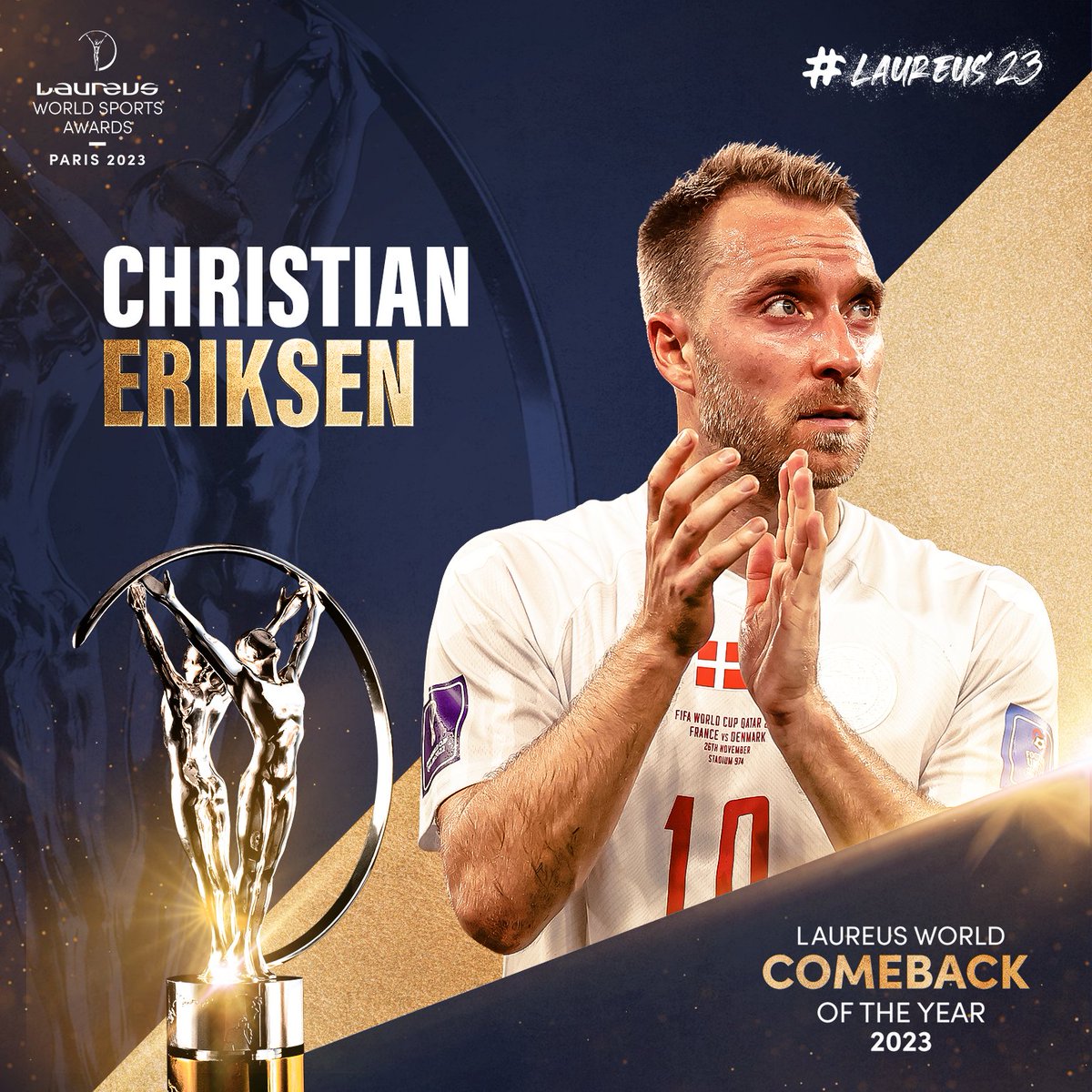 The 2023 Laureus World Comeback of the Year Award winner is @chriseriksen8. 🏆 His return to the highest level of football is truly remarkable. #Laureus23