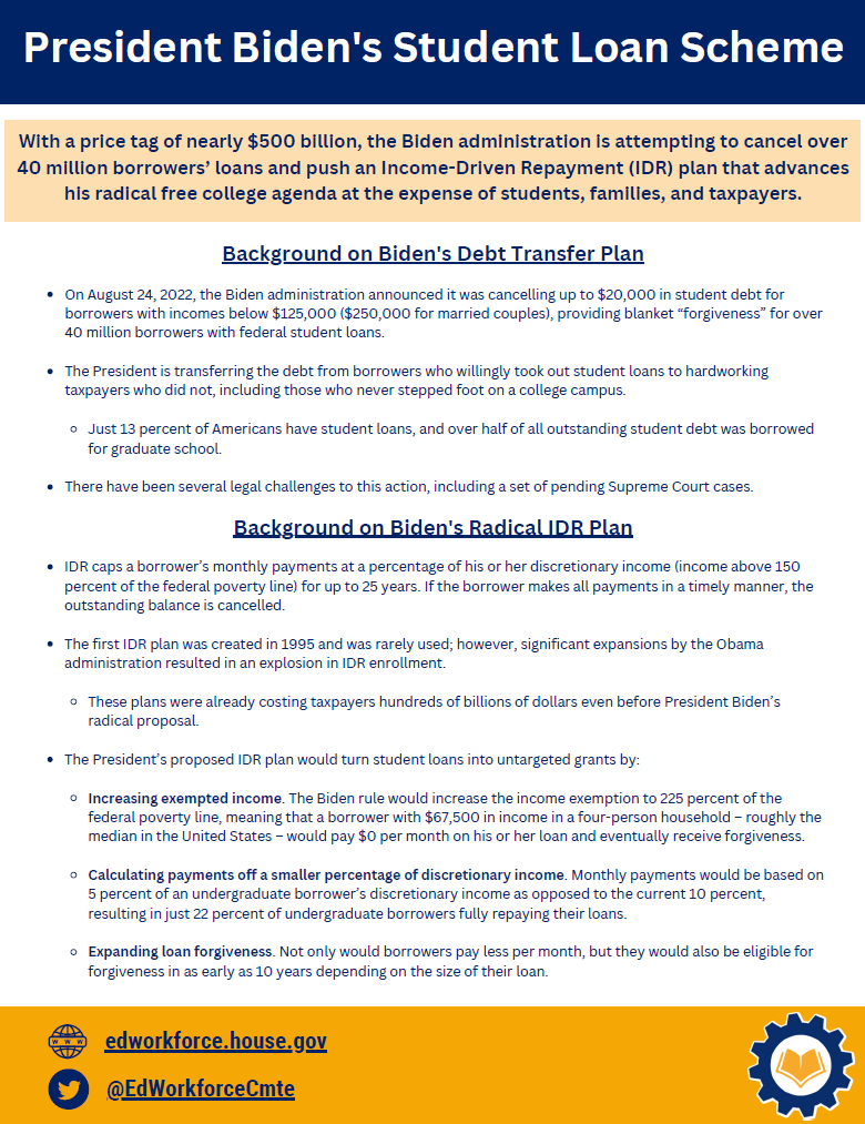 House Committee on Education & the Workforce on Twitter: "Check out our  fact sheet on President Biden's Student Loan Scheme: Taxpayers could end up  spending as much as $975 billion on debt