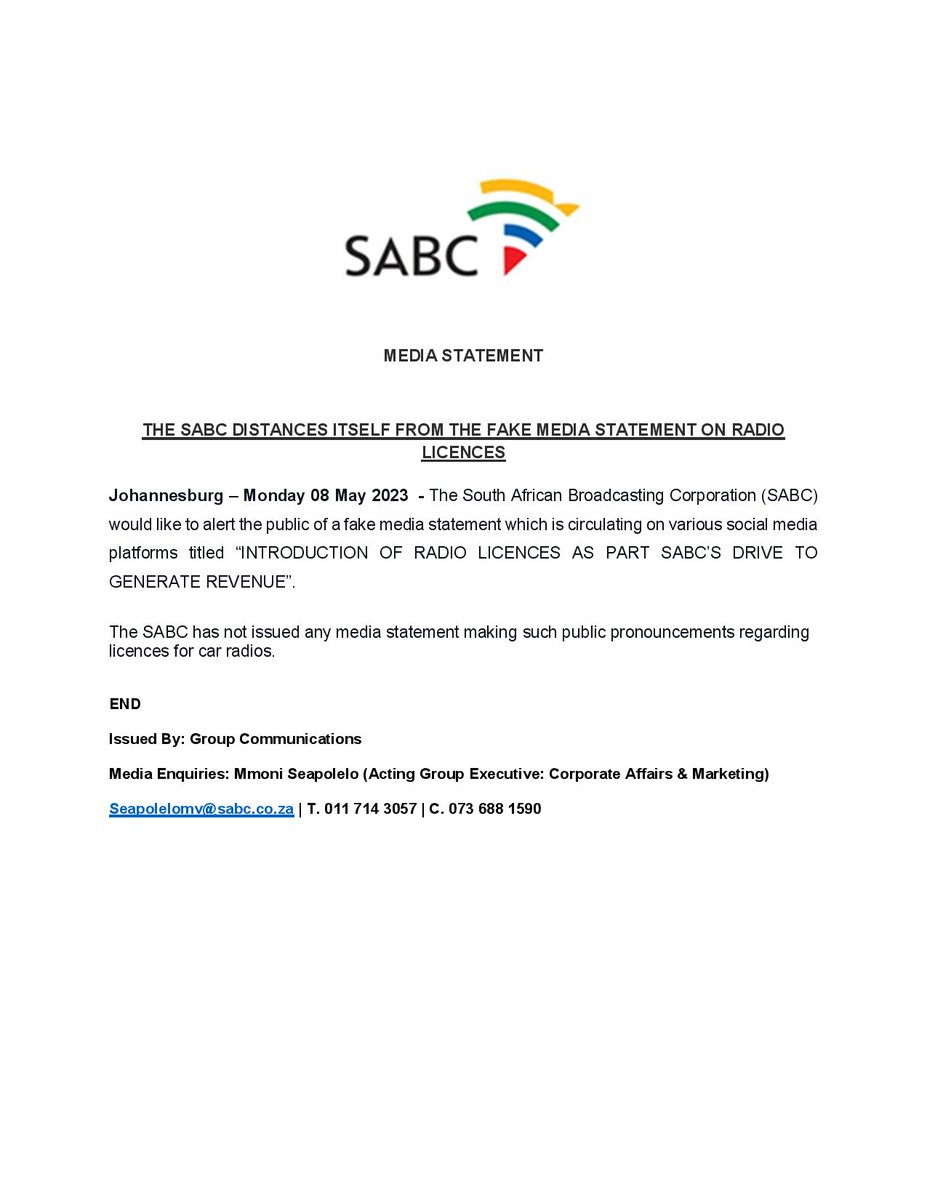 LesediFM's tweet photo. MEDIA STATEMENT - THE SABC DISTANCES ITSELF FROM THE FAKE MEDIA STATEMENT ON RADIO LICENCES. https://t.co/1ikLe3Bo0d