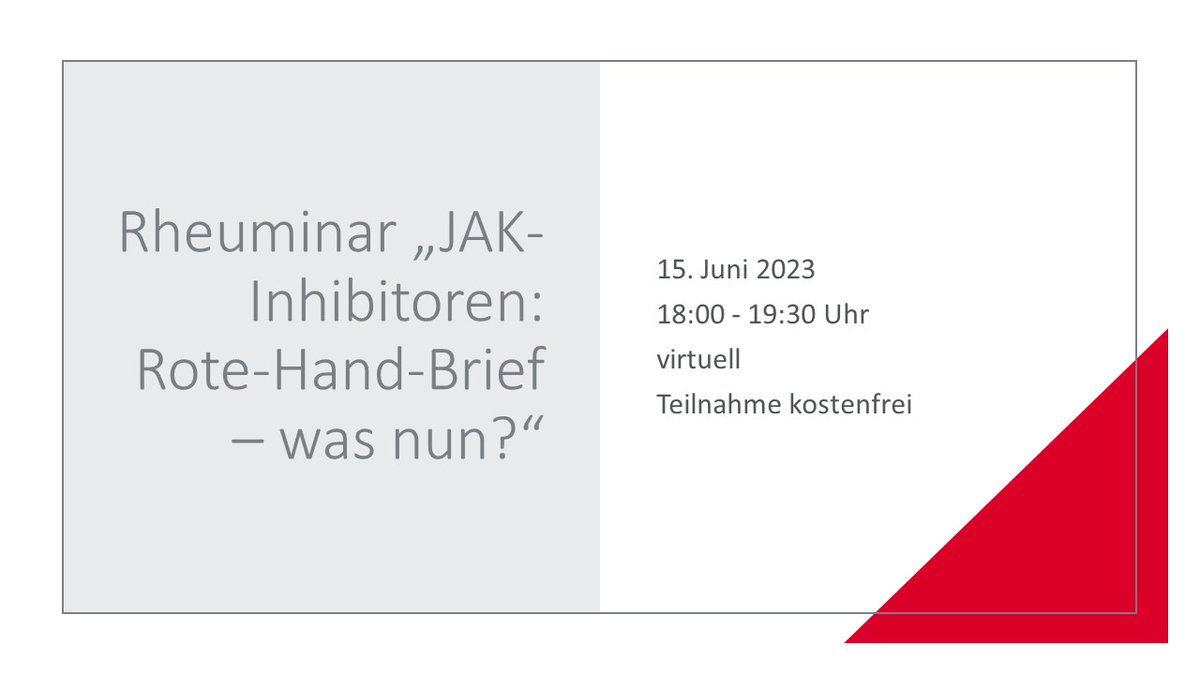 ⏰Am 15. Juni -  kostenfreies  Rheuminar der <a href="/rheumaakademie/">Rheumaakademie</a> "JAK-Inhibitoren: Rote-Hand-Brief – was nun?". Unter Leitung von #DGRh Präsident <a href="/ChSpecker/">Christof Specker ⚕ 🇩🇪🇪🇺🇮🇹🇺🇦</a> diskutieren Expert:innen erste Erfahrungen im Umgang mit JAK-Inhibitoren seit der EMA-Verlautbarung. 
bit.ly/3nzg00X