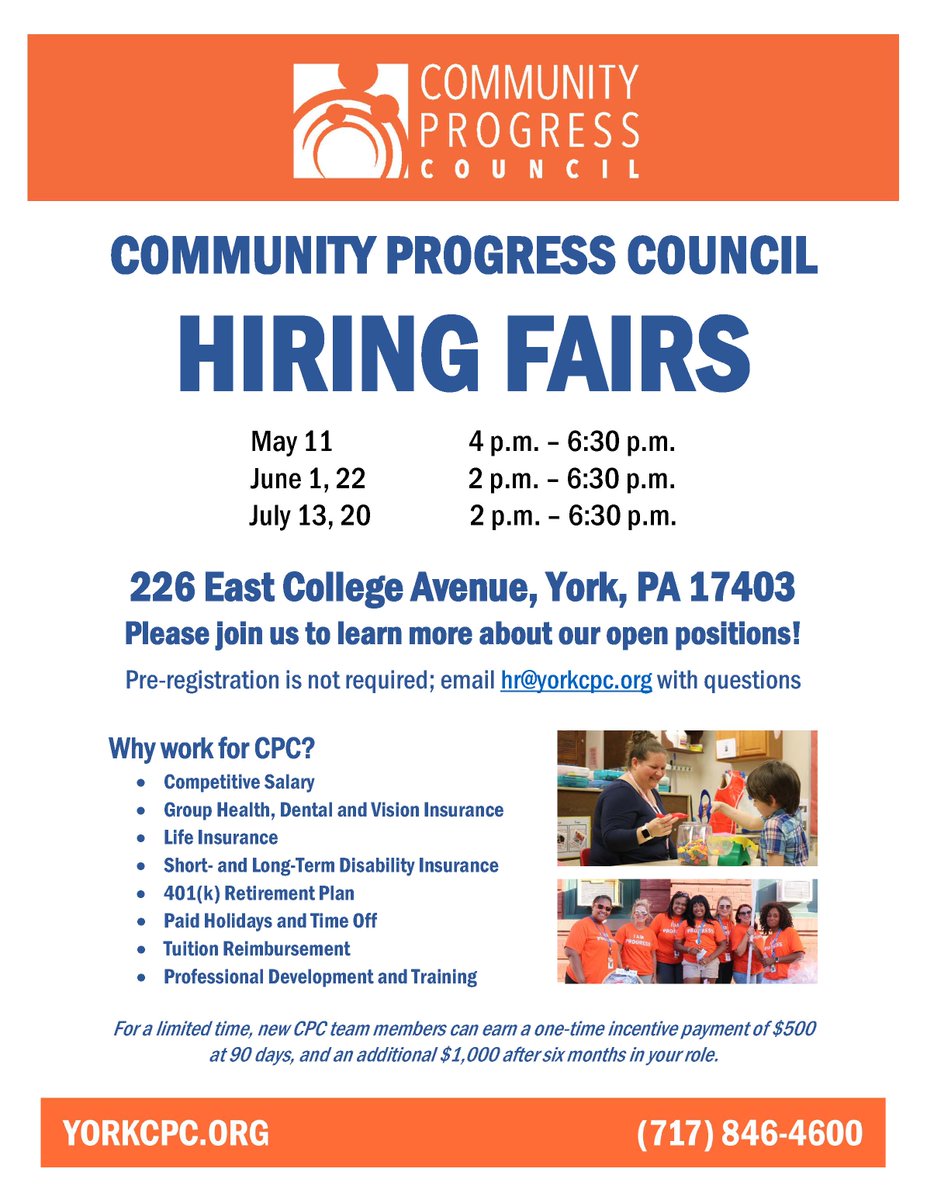 Join us this week for a CPC #HiringFair and meet current team members while learning about employment opportunities at Community Progress Council!

🔶 Browse our generous benefits, competitive pay, and open positions at yorkcpc.org/employment.