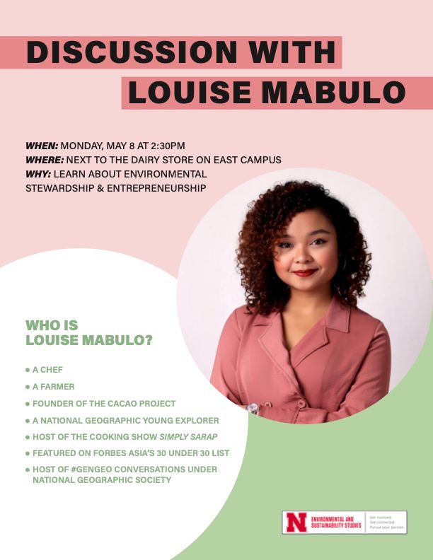 IANRGlobal's tweet photo. Join to hear from inspiring young entrepreneur (founder of the Cacao Project), chef, farmer, and @UNEP Young Champion of the Earth, @LouiseMabulo, TODAY at 2:30 on East Campus!

Thanks @waterforfood for bringing her to Nebraska! #globalnebraska #UNL https://t.co/K7YVUUmMmN https://t.co/i8RmLWTPgW