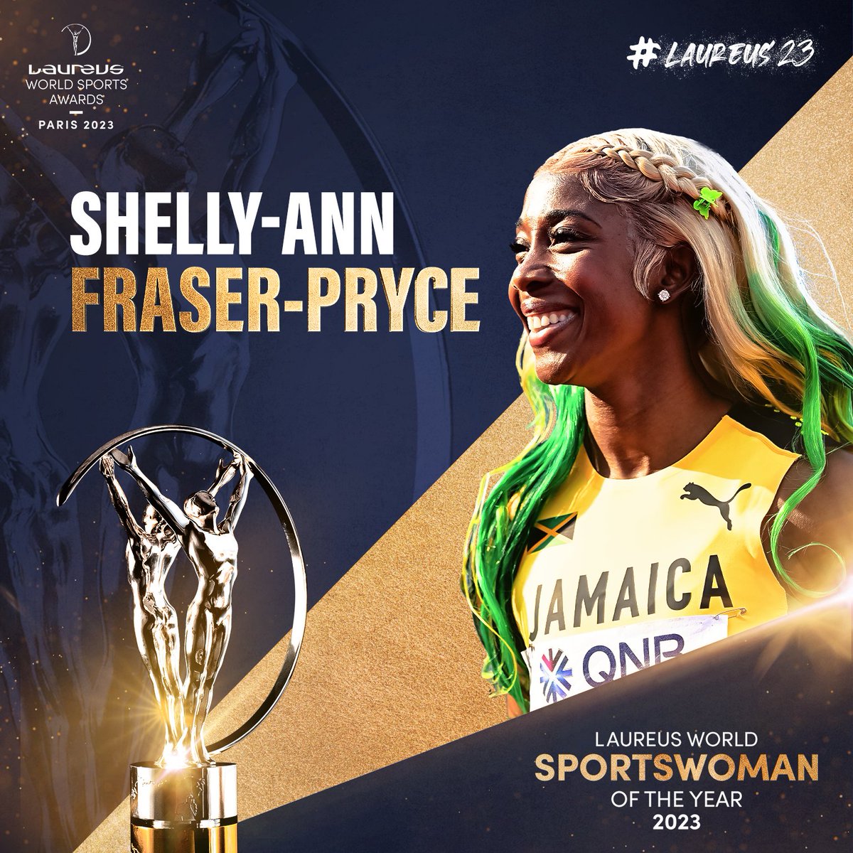 🏆 <a href="/realshellyannfp/">ShellyAnnFraserPryce</a> is the 2023 Laureus World Sportswoman of the Year.

The Mommy Rocket extended her phenomenal legacy on the track last year by winning a fifth <a href="/WorldAthletics/">World Athletics</a> 100m title and a fifth <a href="/Diamond_League/">Wanda Diamond League</a> trophy. 

#Laureus23