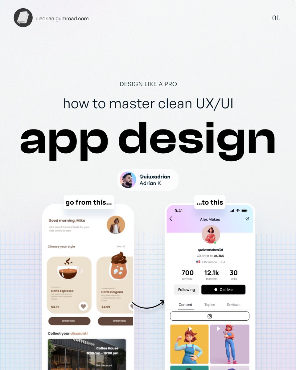 uiuxadrian's tweet image. How to master clean UX/UI app design visuals (image thread)👇