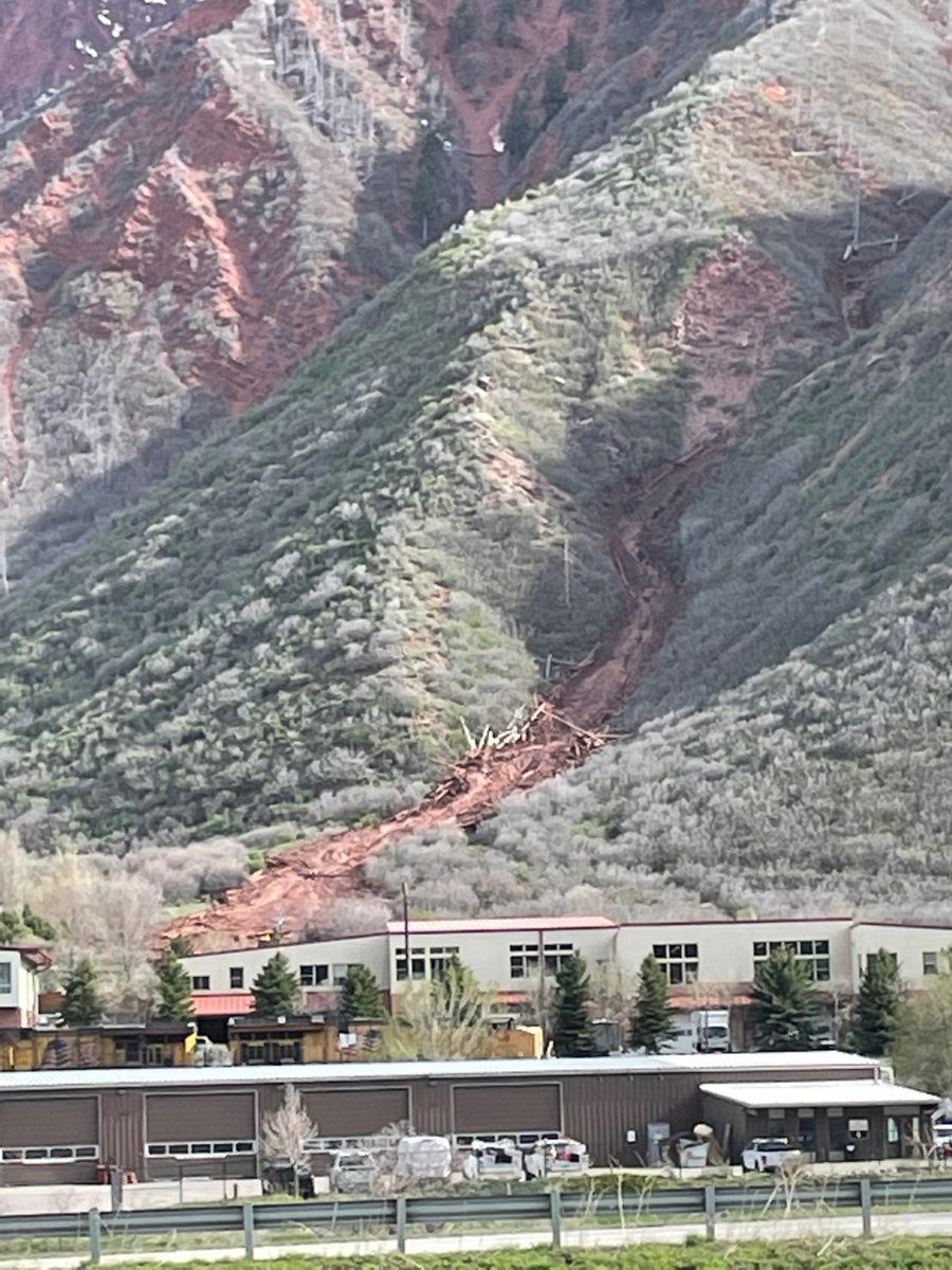 USGS_CO's tweet photo. Warm temperatures and melting snowpack bring some hydrologic action to the West Slope of Colorado.  The photos here show a debris flow near Glenwood Springs and a full Roubideau Creek near Delta.  Our teams will be out measuring all the high flows this spring around Colorado. https://t.co/aEMkxFM7NP
