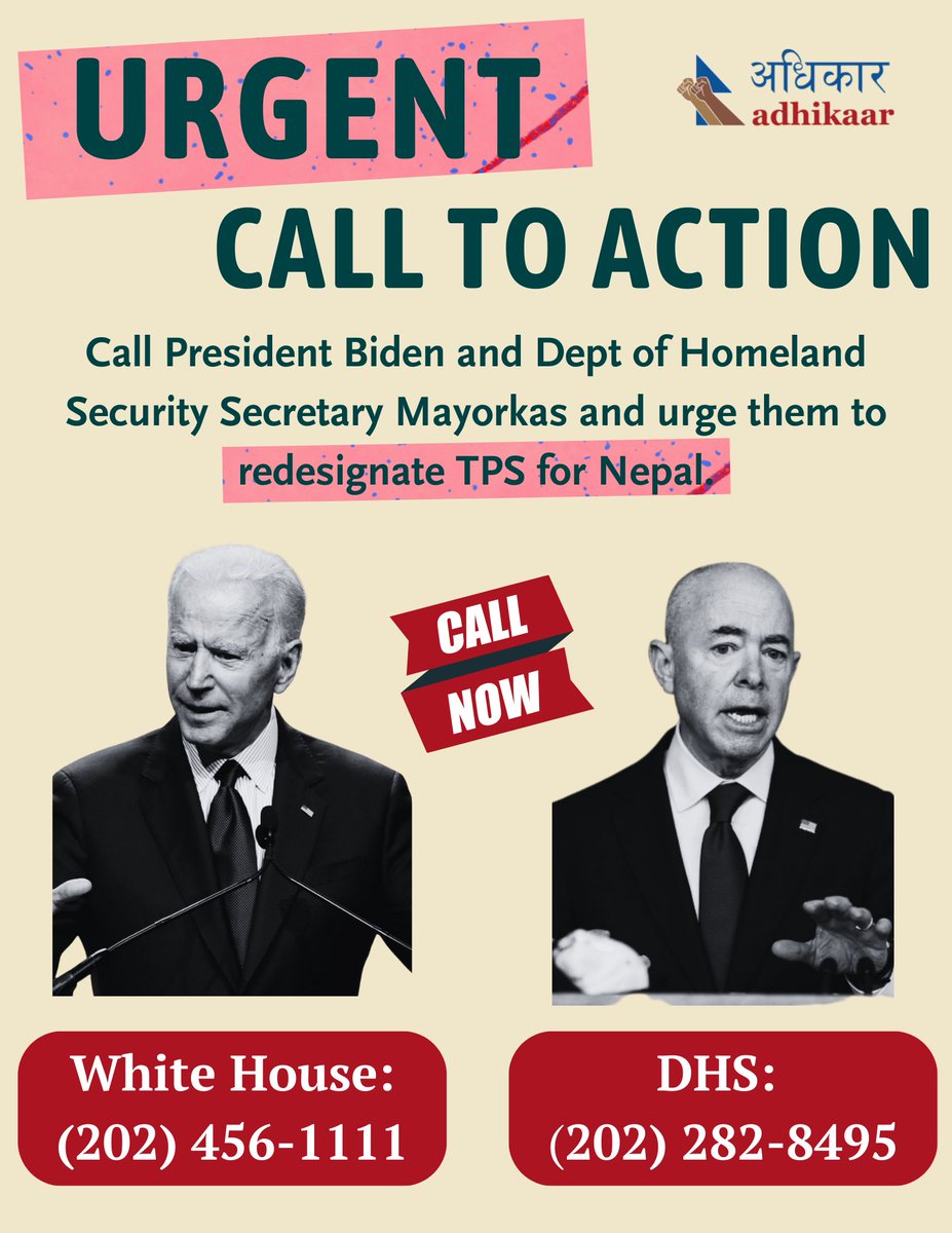 📣 #Urgent call to action! 

☎️ CALL TODAY: Demand that President Biden (<a href="/POTUS/">President Donald J. Trump</a>) and DHS Secretary Mayorkas (<a href="/SecMayorkas/">ARCHIVED: Secretary Alejandro Mayorkas</a>) immediately redesignate and extend TPS for Nepal. #RedesignateTPS4Nepal
