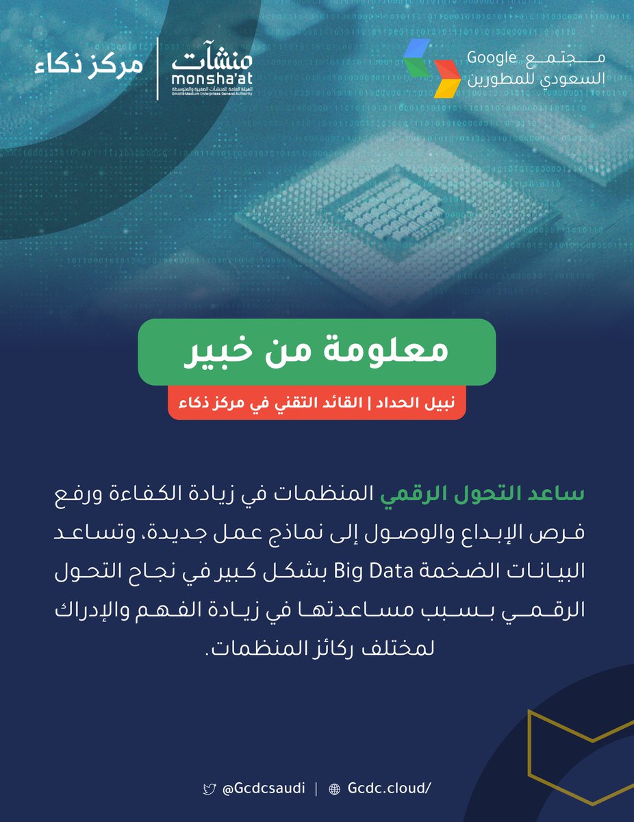 في #معلومة_من_خبير يُخبرنا نبيل الحداد من @Thakaa_Center عن مُساهمات البيانات الضخمة في نجاح التحول الرقمي 📊