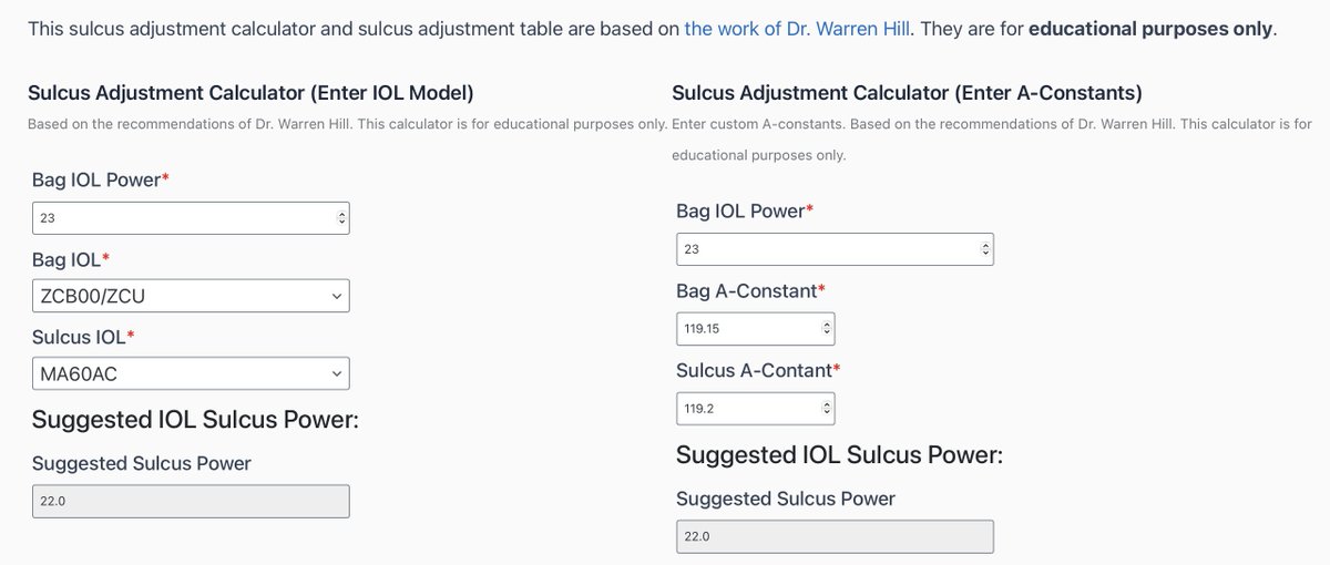 IOLReference's tweet image. We have added a quick sulcus power adjustment calculator. Coming to the app soon. Input either IOL Model or A-constant. For educational purposes only.
iolreference.com/sulcus-adjustm…

#ophthalmology #ophthotwitter #medtwitter