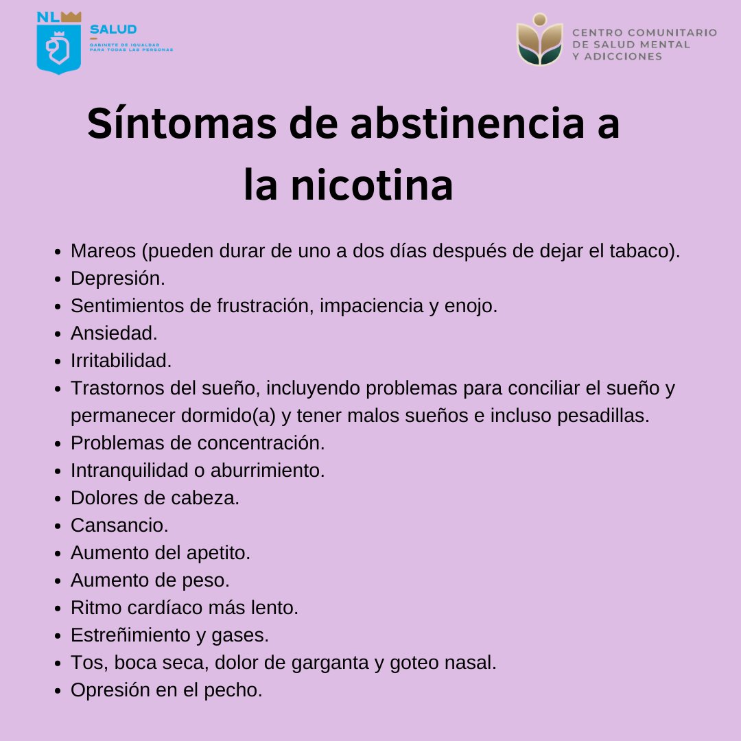 capasannicolas's tweet photo. Dejar de consumir tabaco o reducir su consumo causa síntomas de abstinencia de la nicotina tanto físicos como mentales. Físicamente, su cuerpo reacciona a la ausencia de la nicotina. Mentalmente te enfrentas con el hecho de tener que abandonar el hábito.
#CONADICmx #CECOSAMA https://t.co/fWMTL7jnH3