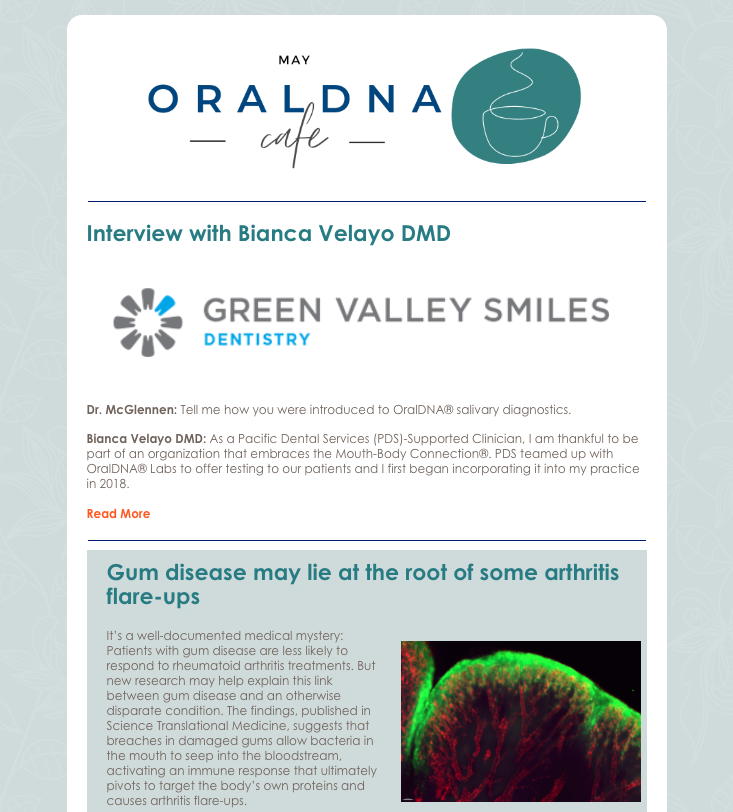 DrEddyClinic's tweet photo. RT @OralDNA: Hot off the press! 📰 Don't miss this! The May OralDNA® Café Newsletter has arrived! https://t.co/V25MNNJapD
#oraldna #oralsystemiclink #oralhealth #saliva #bacteria #rdh #prevention #dentalhygiene #dentistry #dentist #teeth #dentalhygienesc… https://t.co/wbkVWZPiJo
