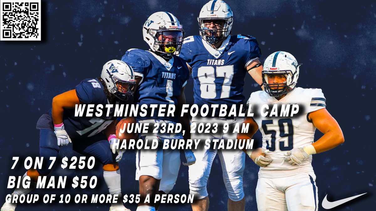 Camp Season is almost here! Sign up with the QR code or link below to get in front of the Westminster Football staff this June and begin your process of becoming a Titan! #KingsOfTheNorth forms.gle/tNsdgYqoz1jj4n…