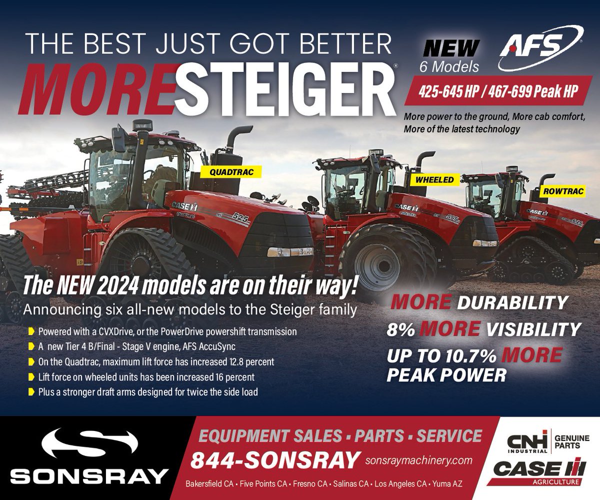 The most powerful 4WD tractor in the industry with record-setting fuel efficiency, best-in-class comfort, and the ability to remotely manage your farm, fleet and field just got better! #sonsray #caseih #farm #tractor #tractorlife #machinery #steiger #quadtrac #ag #agriculture