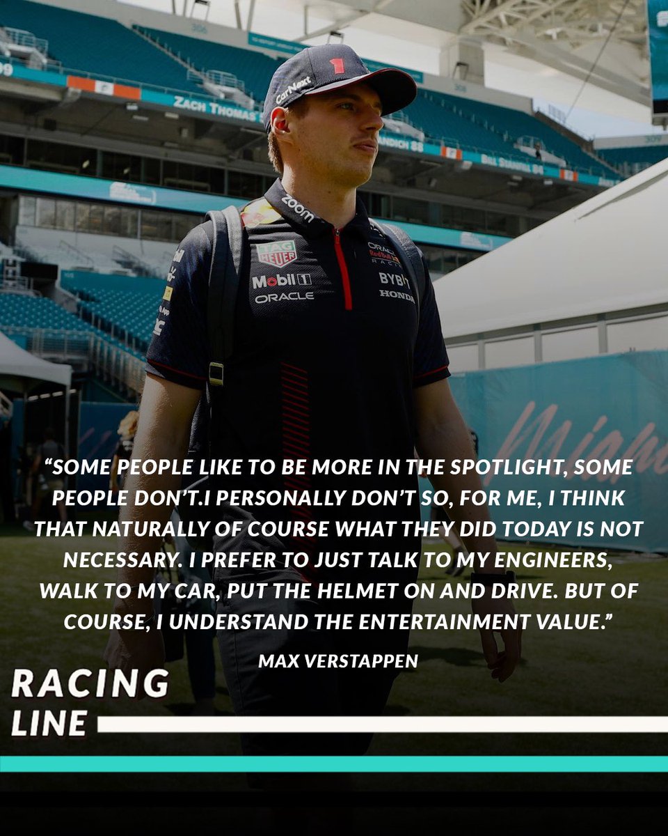 Racing_Line_'s tweet photo. Verstappen: “Some people like to be more in the spotlight, some people don’t.I personally don’t so, for me, I think that naturally of course what they did today is not necessary. I prefer to just talk to my engineers, walk to my car, put the helmet on and drive.” 

#F1 https://t.co/T11SzqbodB