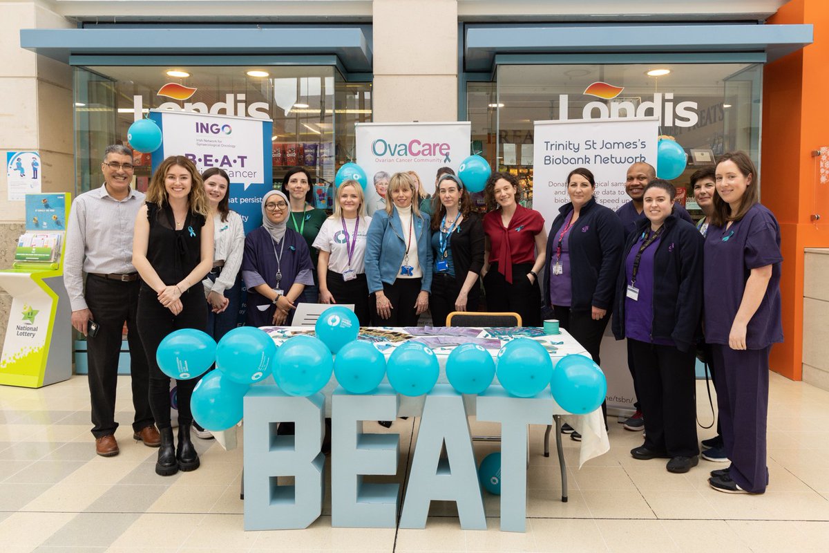Shotoole81's tweet photo. The #INGO @OvarianCancerDY campaign in full swing. Great to have the support of the #gynae team to raise awareness of #OvarianCancer today in @stjamesdublin @CancerInstIRE So important to know the #BEAT symptoms and if persistent go to GP. #ThisIsGo #WOCD2023 #NoWomanLeftBehind https://t.co/HgWZYuheFr