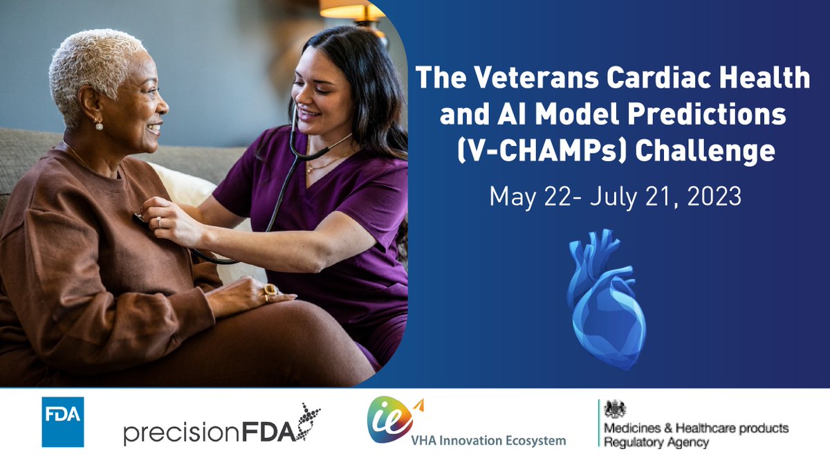 @VHAInnovation, @FDADeviceInfo, @precisionFDA, & @MHRAgovuk are launching the Veterans Cardiac Health & AI Model Predictions Challenge on May 22! Develop AI models to predict cardiac health outcomes using synthetic Veteran health records precision.fda.gov/challenges/31