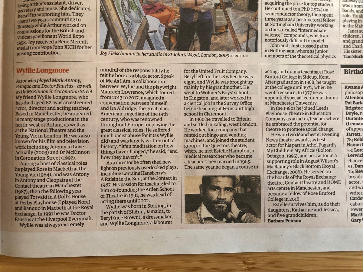 Today's <a href="/guardian/">The Guardian</a> . A nice surprise - 4 months later. Good to see it in print. Wyllie Longmore's Obituary. theguardian.com/stage/2023/feb…