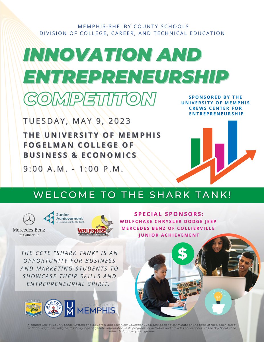 MSCS_CCTE's tweet image. This Tuesday, CCTE Business and Marketing students will have the opportunity to showcase their skills and entrepreneurial spirit. 

Special thanks to our local sponsors: @MBCollierville , @JAMemphis @WolfchaseCJDR! 

#readygrad #careerandtechnicaleducation #businesscompetition