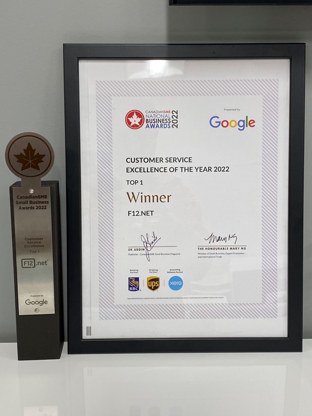 F12Net's tweet photo. Honoured to receive the top award for Customer Service Excellence from @CanadianSME and Minister Mary Ng! 🏆 Our team's passion &amp; determination to support customers in their business tech journey is truly amazing. Thank you for this recognition!🏆🎉👏 https://t.co/0iFsh8aSk7