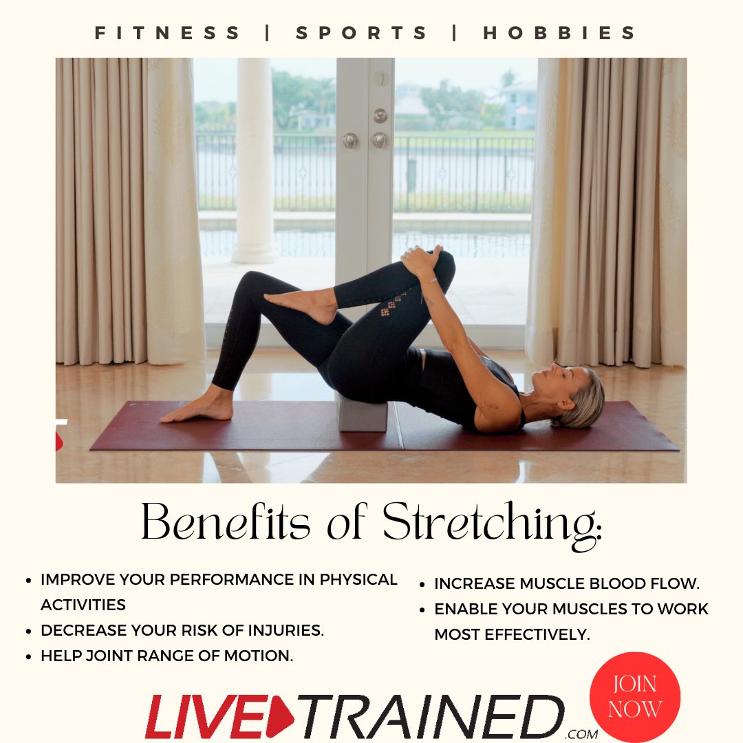 LiveTrained's tweet photo. Happy Monday! There are so many GREAT benefits to stretching. What time of day do you like to get your stretching in?? 
Learn Anything, Anytime, Anywhere. 
#livetrained #yoga #barre #stretching #stretchingtips #workout #fitness #livetrainedfitness #onlinefitnessclasses #pilates https://t.co/0LLK2nhuJm