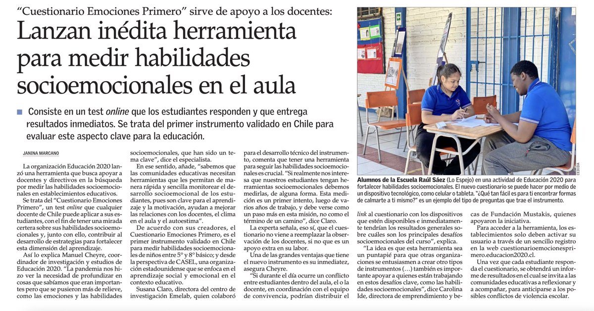 Educacion2020's tweet photo. 🔵 Estamos muy felices porque hoy @ElMercurio_cl destaca nuestro cuestionario #EmocionesPrimero 🧠, una herramienta online y gratuita para medir habilidades socioemocionales en escolares de 5° y 8° básico.

Conoce los detalles de esta iniciativa aquí: https://t.co/G8EYVpaWog https://t.co/1exJTnufsj
