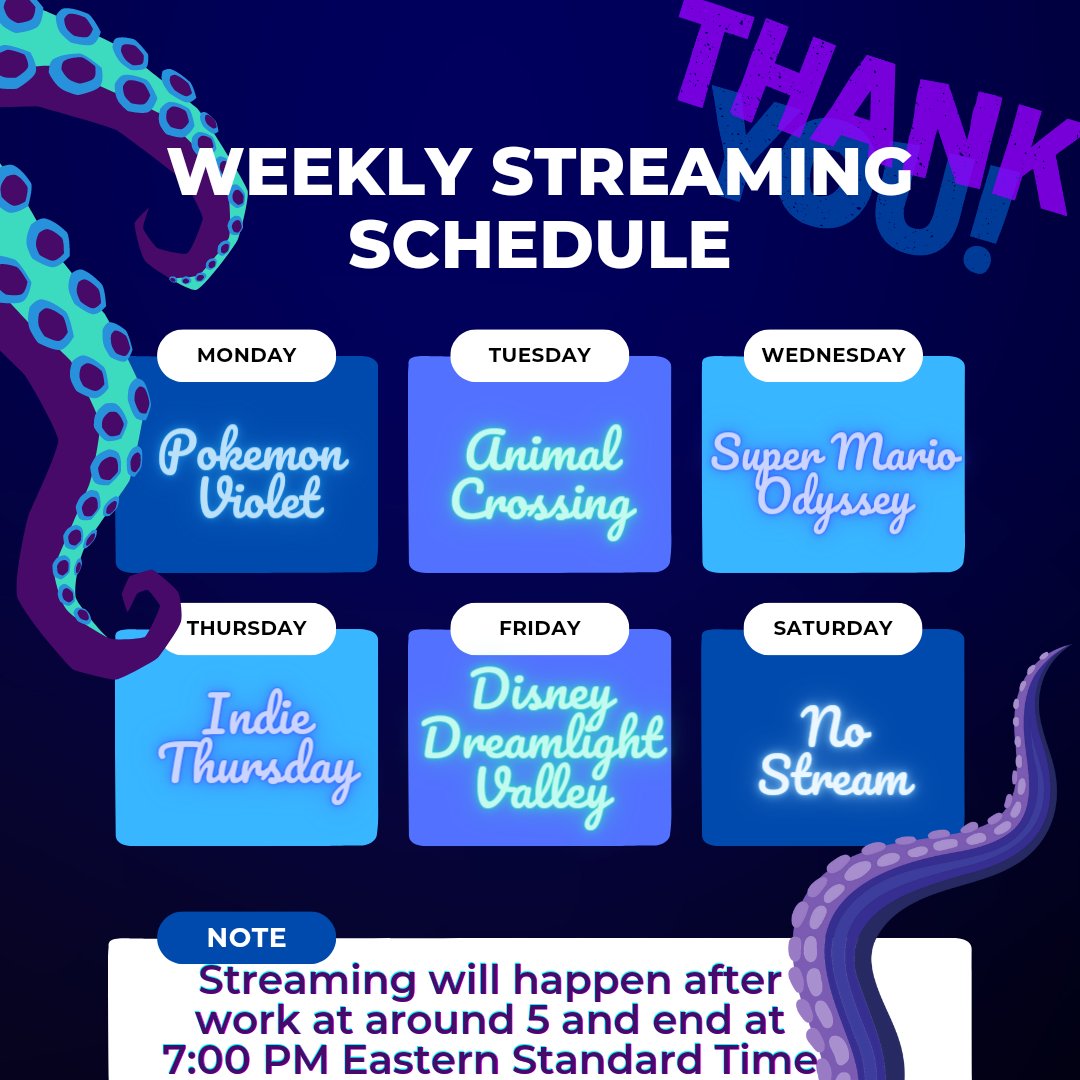 This week's #StreamingSchedule!

Today.. I'm going to be running a little late! I have to schedule tickets for my doctors appointment in DC in June! 💜 💜 💜#TwitchStreamer #Streamer #Streaming #TwitchStream #VideoGames #GirlsWhoGame #gamergirl #gaming #NintendoSwitch #Nintendo