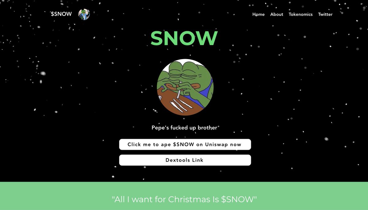 CryptoShadowOff's tweet photo. These last 24hrs have been insane🐸

Successfully created a token that has the potential to turn into something MASSIVE

>Introducing $PEPE's fucked up brother $SNOW 🐸
>The 2nd most memable coin in existence

Contract will be renounced in 8hrs, then the rest is in your hands 🫡 https://t.co/BlfyB0qwYd