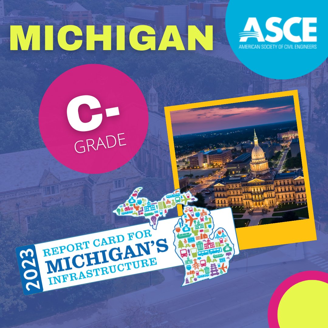 NEW: Michigan earned a C- in the 2023 <a href="/ASCETweets/">ASCE Headquarters</a> Report Card for Michigan's Infrastructure. This is an improvement from the D+ on the 2018 Report Card.