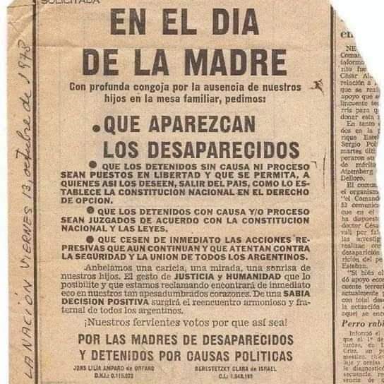 Aviso de un diario argentino La Nación pidiendo que aparezca los desaparecidos Fue publicada el 13 de octubre de 1978