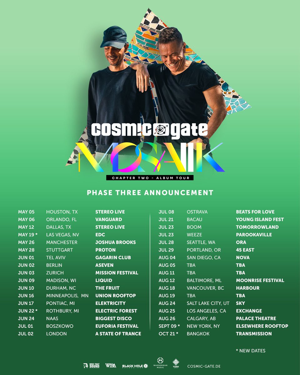 cosmicgate's tweet photo. . #MOSAIIK Album Tour - Phase 3 Announcement 🔥
more dates added - including first Asia date
tickets https://t.co/lX51PMmm9I https://t.co/nQvVoa5I2O
