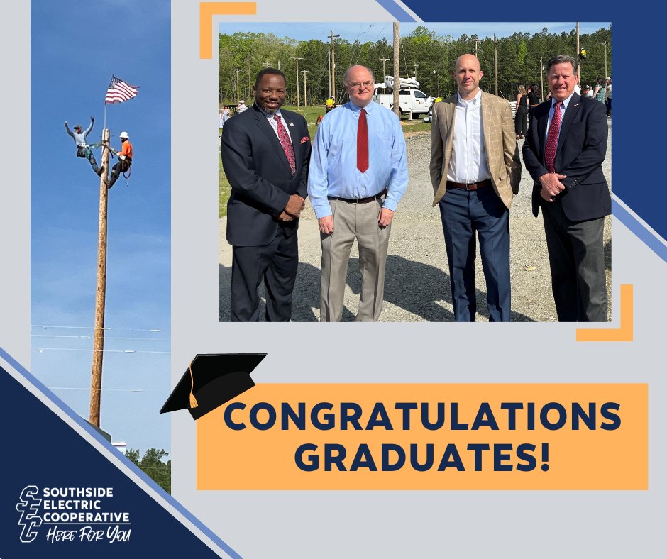 SouthsideEC's tweet image. SEC&apos;s CEO, Jason Loehr, and Governmental &amp;amp; Regulatory Affairs team recently joined @WachsmannHD75 at the @southsidevacc Power Line Worker Training School to celebrate the program&apos;s 500th graduate. 
#futurelineworkers #energycareers
