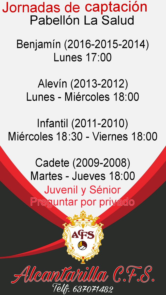 Jornadas de captación 
Ven y entrena con nuestros equipos.
Preparando la temporada 23/24.
Un año especial, cumplimos 20 años.
No dudes en preguntar si tienes alguna duda.
Telf. 637071482