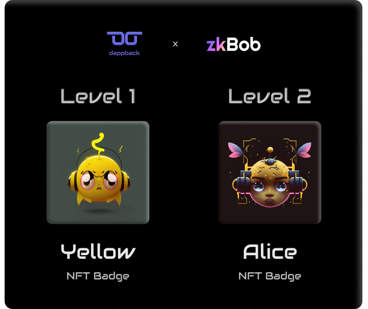 🚀 We just launched new on-chain tasks with <a href="/DappBackHQ/">DappBackHQ</a>!

🥇 Level 1 #NFT: Yellow
🥈 Level 2 #NFT: Alice

✅Task away at dappback.com/zkbob

Celebrate Level 2 NFT launch with #zkBob Gift Cards - $2,000 in $BOB up for grabs! 🎁

Learn how to participate in the thread below.👇
