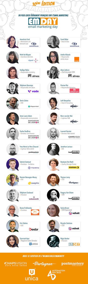 [S-2]
On est fier de vous dévoiler l'équipe complète des speakers de ce 10ème EMDay. Elle est à la hauteur de cette édition anniversaire qui s'annonce exceptionnelle.

Vous pouvez cliquer dessus pour la voir en plus grand ou en PDF.
emday.fr/speakers