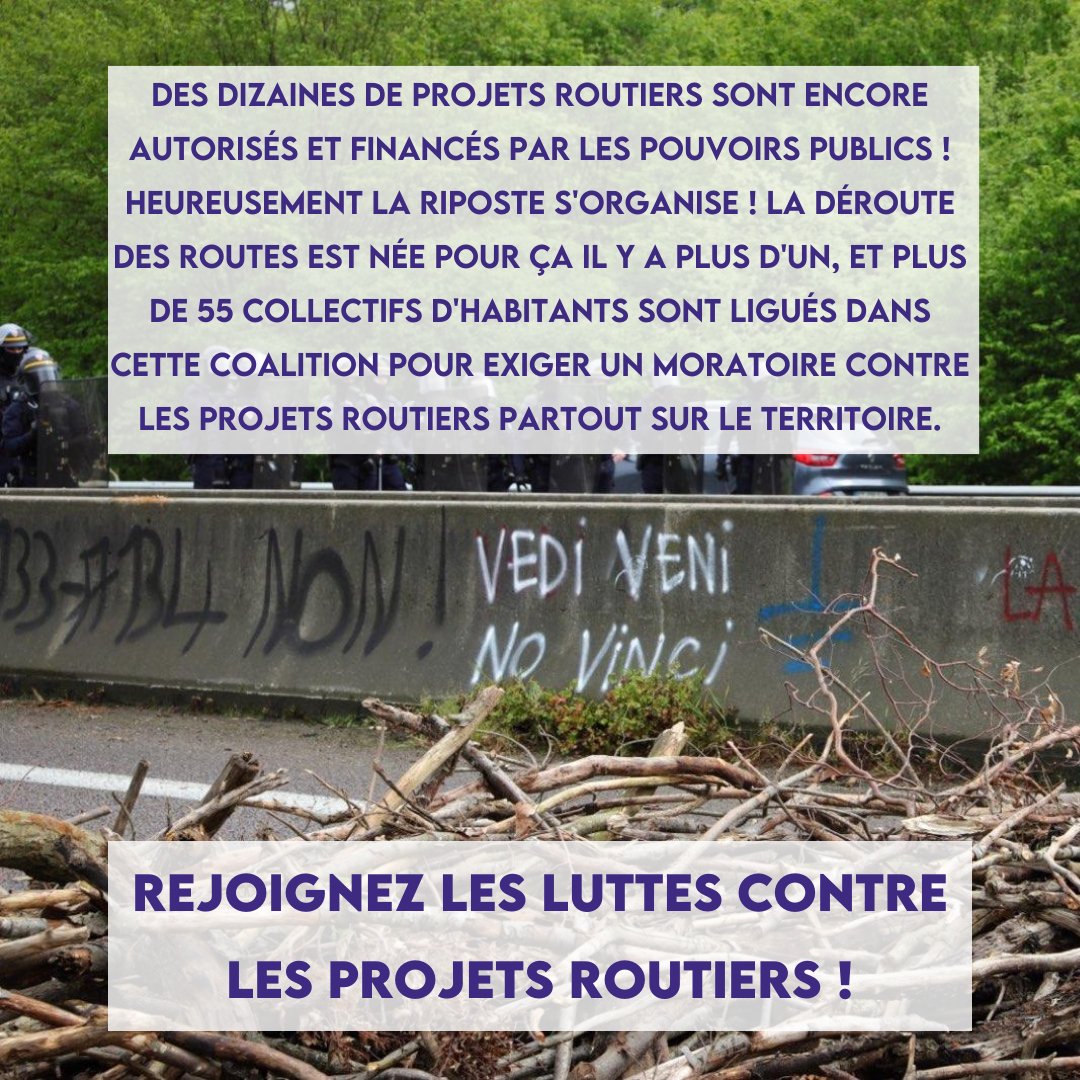 terresdeluttes's tweet photo. La coalition @La_Deroute regroupe plus de 50 collectifs qui luttent contre des projets routiers à travers la France ! Des projets anachroniques, incompatibles avec les objectifs climats de l'État, qui privatisent les biens publiques et perpétuent un modèle économique mortifère. https://t.co/UBuq5dY7Nu