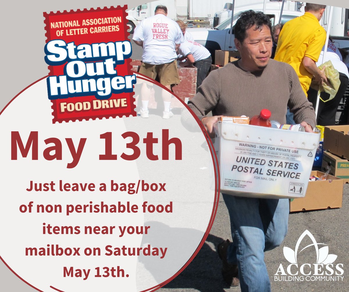 AccessHelps's tweet image. The annual Stamp Out Hunger Food Drive is happening this Saturday! 
This is a nationwide food drive run by the National Association of Letter Carriers and all you have to do is leave your non-perishable foods in a box or bag near your mailbox on Saturday, May 13th.