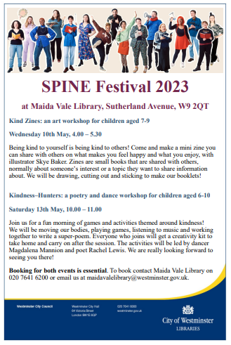 Next week is a busy one for #SPINE2023 Festival at @WCCLibraries Maida Vale! If you're looking for fun free #creative activities for children and families, check out all the details on this poster, including a #poetry and #dance workshop with yours truly💃