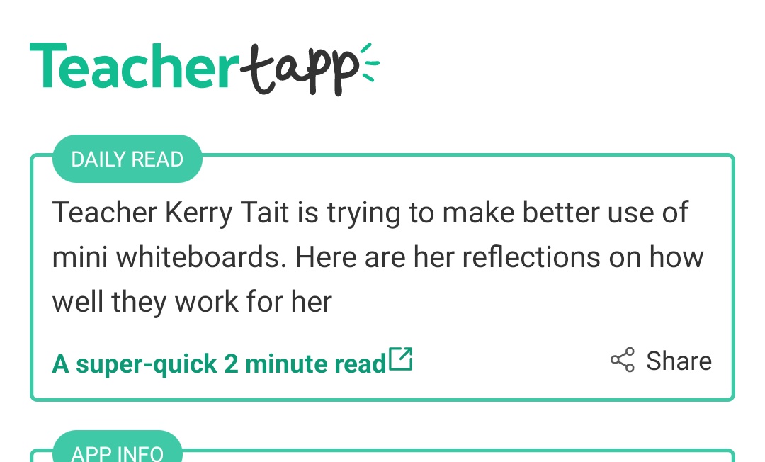 misstait_85's tweet photo. Unbelievable...my blog on mini whiteboards is the Daily Read on @TeacherTapp Mind blown 🤯 #edublogs https://t.co/NoT3zhmOKm