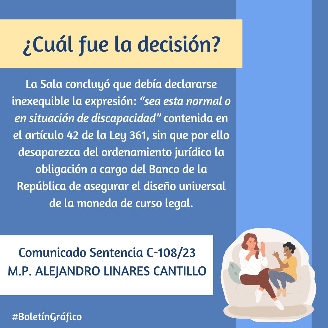 CConstitucional's tweet photo. #Boletín Gráfico I El uso de la expresión normal, como criterio de distinción respecto de las personas en situación de discapacidad, vulnera los derechos a la dignidad humana y a la igualdad de este colectivo. Comunicado Sentencia C-108/23. M.P. Alejandro Linares Cantillo. https://t.co/0Mi3ZogUE5