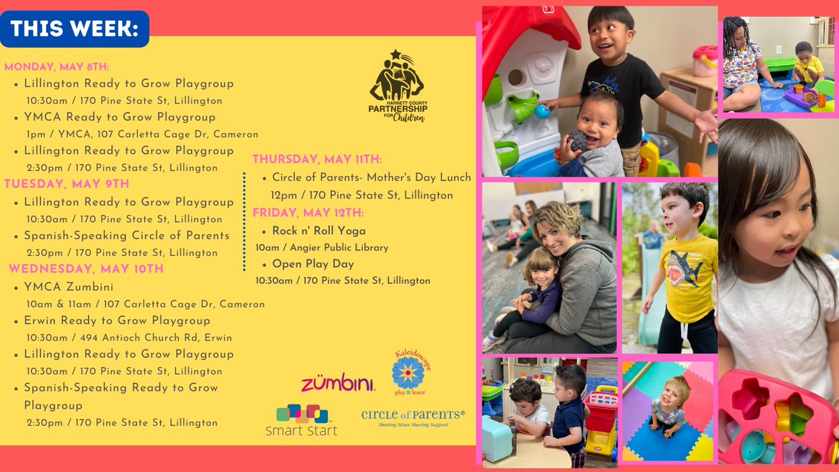 Another amazing HCPC week planned for Harnett County children and families! #playlearnconnect
**HCPC programs are FREE and for families with children aged birth - 5 yrs old, with the exception of our monthly children's yoga classes which are for children 3-5 yrs old.**