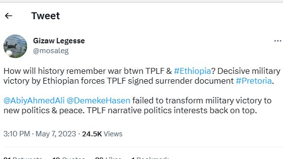 NatyYifru's tweet photo. This is how history remembers #WarOnTigray
~ A time about #Ethiopia inviting foreign military to come in and rape women, desecrate places of worship, destroy thousands of years old cultural heritages.
~ A time that business elites went on national TV to demand human flesh to be eaten like goat meat.
~A time that "religious leaders" declared that they'd rather be ruled by the devil.
~ A time that "political leaders" demand that 'barbaric cruelty' must be applied to annihilate an entire population.
~ A time that a "Prime Minister" went on a Parliament session and said to justify, even applaud rape of women by foreign troops, because "his" soldiers have been stabbed with daggers.
~ A time #Ethiopia starved 7 million people ON PURPOSE.
~ A time that many #Ethiopians lost respect and faith for not only religious institutions, but formerly respected public figures, business, art, media and academic elites for supporting annihilation of millions of fellow citizens.

On the other hand, #WarOnTigray will be remembered as,

~  A time, when people of #Tigray paying UNBELIVABLE sacrifice, heroically fending of genocidal war declared on them by #Ethiopia national army, invited foreign invaders, assorted militias, thugs, and drones. Hence proving their resilience, heroism and earned MASSIVE respect from the rest of #Ethiopia
~ A time that thousands of #Ethiopia national army paraded through streets of #Mekelle, humiliated, handed over its modern weapons, defeated.
~ A time that with mighty resources and long accumulated diplomatic capital, #Ethiopia government was soundly defeated diplomatically, essentially by #Tigray online social justice advocates and friends of #Tigray mobilized by them. 
~ A time that an attempt to annihilate the people of #Tigray in the dark, in silence, cutting off all communications to the outside world failed, because the tenacity of young diaspora advocates of #Tigray and friends of #Tigray. 
Instead, through a concerted awareness campaign, ethnic cleansing militias and both domestic and foreign national armies have been identified by international community and are put on notice for future prosecution. Sanctions like removal of #Ethiopia from #AGOA and murdering foreign intelligence officials like Abraha Kassa have been achieved.
~ A time @AbiyAhmedAli licked back his words that said "#TPLF is turned to flour in the wind. We can't bring it back ever again" and was forced to sit on a table and negotiate with TPLF.
~ A time that fake 'patriotism', superficial pan Ethiopianism is laid bare for what it is. Just Fake.

For me personally, a time that I understood the meaning of 'የእንጨት ሽበት', when I see folks like @mosaleg 

Ato Gizaw, 

Look at yourself. 
You are at the sunset of your life. What do you think you'll be remembered for? 
As a man of advanced age with full of gray (actually white) hair on your head, you could have been recognized as a man of integrity or wisdom. Instead, you will forever be known as a man, who is not trustworthy, contributed NOTHING to society, whose opinion can never have any weigh and can never be taken seriously other than being hateful, toxic and unworthy of anything decent. 

That is the legacy that you pass on to your children and grandchildren. That is why I really feel sad for them that they have to bear your extremely ugly burden.