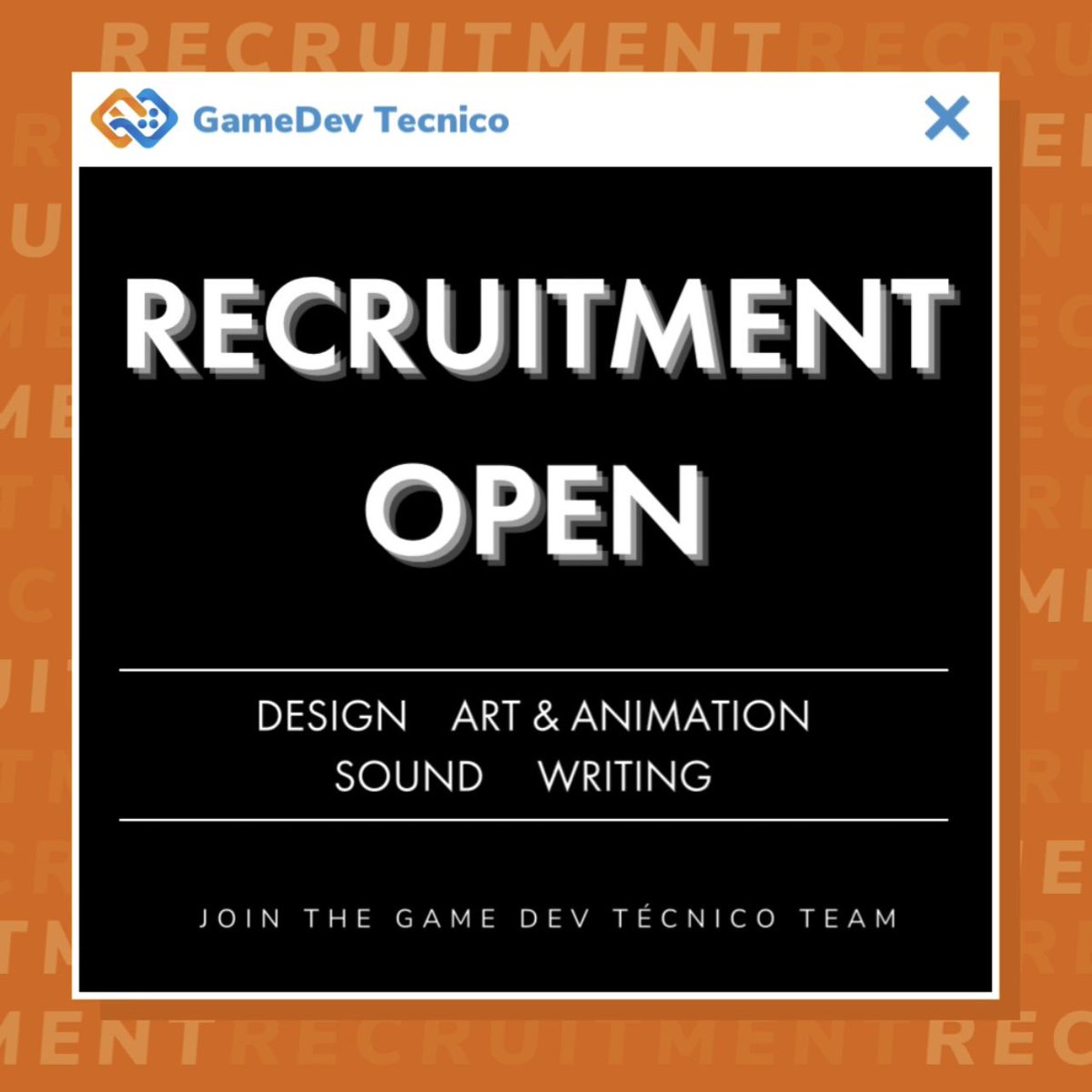 GameDevTecnico's tweet photo. Game Dev Técnico is recruiting artists! 🎉

Are you a student interested in either Design, Visual Arts, Animation, Audio or Video Producing, Writing? https://t.co/vcNCPwNBcm