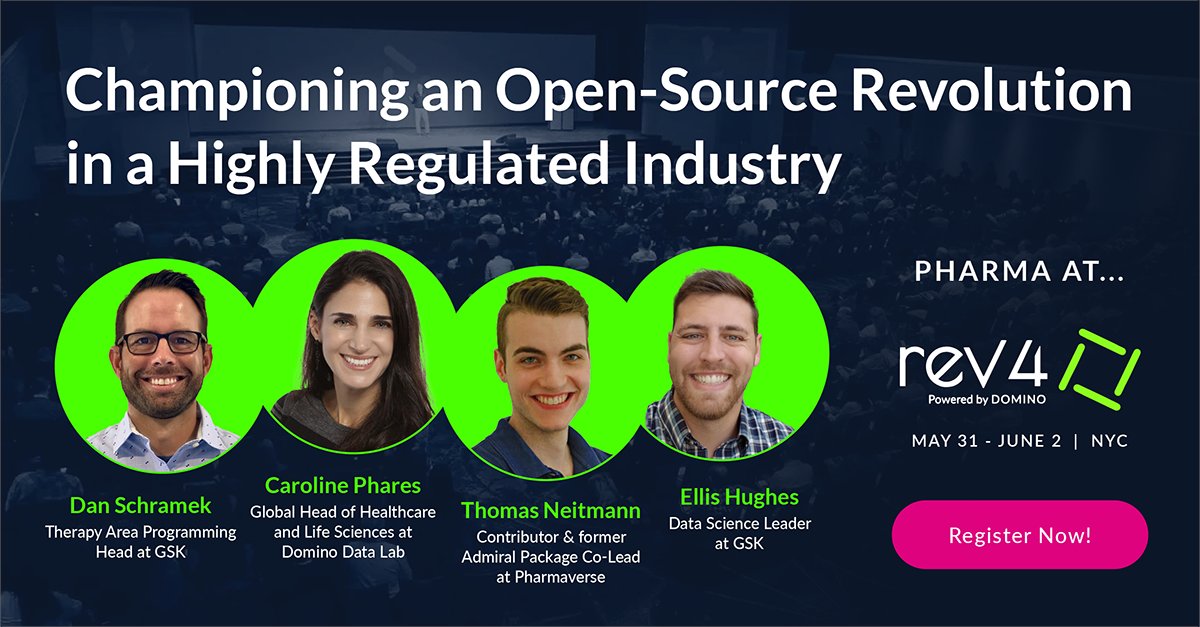 DominoDataLab's tweet photo. 🚀Open source in clinical studies: once impossible, now Pharmaverse breaks barriers! Join #Rev4 5/31-6/2 w/ @GSK, pharmaverse, &amp; Domino. Discover R in pharma &amp; more. Use code REV50 for half off. Register now:  https://t.co/1QmtYqLgbI
 #datascience #clinicaltrials #opensource https://t.co/C7L4We5WC7