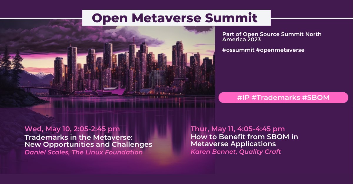 TheOpenMV's tweet image. Joining the Open Metaverse Summit? Dive into these sessions to learn about the challenges &amp;amp; opportunities for brand owners, including #IP and #trademarks, and building an #sBOM for metaverse technologies.

Full #metaverse schedule: hubs.la/Q01NN1kS0

#ossummit