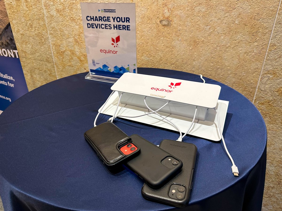 OurWaterfront's tweet photo. Thank you to our Admiral sponsor @Equinor for keeping us charged up and ready for #climateaction at the 2023 #WaterfrontConference! Feel free to swing by the charging stations if you need to charge your devices, and enjoy the conference! https://t.co/H8jtajTs2i